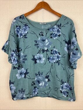 Elena Baldi Floral Linen Top Ruffle Sleeve Italy NWT